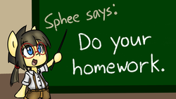 Size: 2732x1536 | Tagged: safe, artist:spheedc, oc, oc only, oc:sphee, earth pony, semi-anthro, arm hooves, bipedal, chalkboard, clothes, digital art, female, filly, glasses, mare, pigtails, solo, teacher, teaching