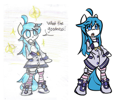 Size: 1027x850 | Tagged: safe, artist:spheedc, oc, oc only, oc:light chaser, earth pony, semi-anthro, arm hooves, bipedal, clothes, comparison, cosplay, costume, digital art, draw this again, female, hyperdimension neptunia, mare, nepgear, redraw, simple background, solo, speech bubble, traditional art, white background