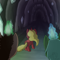 Size: 1000x1000 | Tagged: safe, artist:racingwolf, oc, oc only, pony, unicorn, fanfic:beneath the surface, cave, crystal, glowing horn, horn