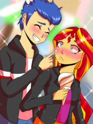 Size: 1800x2400 | Tagged: safe, artist:enadoodles, flash sentry, sunset shimmer, equestria girls, g4, my little pony equestria girls: better together, blushing, cute, duo, eyes closed, female, food, ice cream, male, ship:flashimmer, shipping, smiling, straight