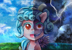 Size: 1024x722 | Tagged: safe, artist:faithwalkers, cozy glow, pegasus, pony, two sided posters, g4, marks for effort, school raze, bow, freckles, hair bow, lightning, split screen