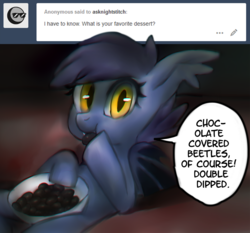 Size: 1395x1300 | Tagged: safe, artist:cino, oc, oc only, oc:night stitch, bat pony, insect, pony, ask night stitch, ask, chocolate, dialogue, ear fluff, ear tufts, eating, fangs, female, food, mare, solo, tumblr