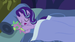 Size: 1280x720 | Tagged: safe, edit, edited screencap, screencap, spike, starlight glimmer, pony, unicorn, a royal problem, g4, bed, doll, female, male, mare, plushie, ship:sparlight, shipping, sleeping, solo, spike doll, straight, toy