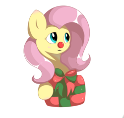 Size: 3202x3049 | Tagged: artist needed, safe, fluttershy, pony, g4, big ears, blushing, box, christmas, cute, high res, holiday, present, red nose, ribbon