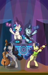 Size: 1489x2309 | Tagged: safe, artist:littletigressda, dj pon-3, fiddlesticks, neon lights, octavia melody, rising star, vinyl scratch, pony, fanfic:between bassdrops and bowstrings, g4, apple family member, cello, clothes, fanfic, fanfic art, fanfic cover, hat, musical instrument, turntable, violin