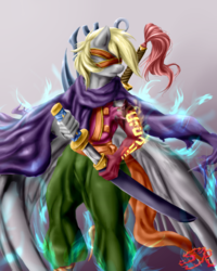 Size: 1200x1500 | Tagged: safe, artist:swiftriff, derpy hooves, pegasus, anthro, g4, blindfold, cape, clothes, crossover, dungeon fighter online, female, scar, solo, sword, tattoo, video game, weapon