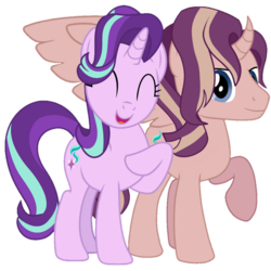 Size: 983x983 | Tagged: safe, artist:sinkbon, artist:syforcewindlight, derpibooru exclusive, starlight glimmer, oc, oc:shimmering spectacle, alicorn, pony, g4, .svg available, alicorn oc, canon x oc, curved horn, cute, horn, incest, magical lesbian spawn, magical threesome spawn, male, offspring, raised hoof, simple background, stallion, transparent background, vector