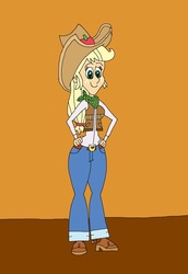 Size: 1561x2273 | Tagged: safe, artist:hunterxcolleen, applejack, human, equestria girls, g4, belt, belt buckle, boots, clothes, cowboy boots, cowboy hat, cowgirl, cowgirl outfit, hat, humanized, jeans, looking at you, pants, shoes, stetson, vest