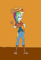 Size: 1561x2273 | Tagged: safe, artist:hunterxcolleen, rainbow dash, human, equestria girls, g4, belt, belt buckle, boots, clothes, cowboy boots, cowboy hat, cowgirl, cowgirl outfit, hat, humanized, jeans, looking at you, pants, poncho, shoes, stetson