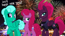 Size: 1920x1080 | Tagged: safe, artist:徐詩珮, fizzlepop berrytwist, glitter drops, tempest shadow, oc, oc:betty pop, alicorn, pony, unicorn, g4, my little pony: the movie, 2019, alicorn oc, alicornified, broken horn, eye scar, family, female, glittercorn, happy new year, happy new year 2019, holiday, horn, magical lesbian spawn, mare, mother and daughter, next generation, offspring, parent:glitter drops, parent:tempest shadow, parents:glittershadow, race swap, scar, ship:glittershadow, shipping, tempesticorn, trio