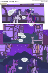 Size: 2250x3389 | Tagged: safe, artist:perfectblue97, rarity, twilight sparkle, pony, unicorn, comic:shadows of the past, g4, censored, comic, high res, mare in the moon, moon, ponyville, poster, royal guard, shadow, silhouette, unicorn twilight, unnecessary censorship