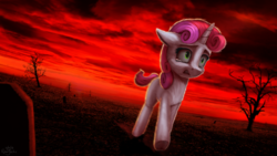 Size: 1920x1080 | Tagged: safe, artist:robin jacks, sweetie belle, pony, unicorn, fanfic:why am i crying, g4, apocalypse, crying, dead tree, female, filly, red sky, revelations, solo, tree, trotting, underhoof, wasteland