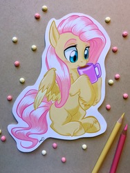 Size: 2835x3778 | Tagged: safe, artist:emberslament, artist:vistamage, fluttershy, pegasus, pony, g4, coffee, collaboration, colored pencils, cup, cute, drink, female, high res, mare, shyabetes, smiling, solo, traditional art