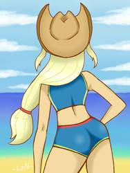 Size: 914x1213 | Tagged: safe, artist:l2nx2, applejack, human, equestria girls, equestria girls specials, g4, my little pony equestria girls: better together, my little pony equestria girls: forgotten friendship, applebutt, ass, back, beach, butt, clothes, female, hand on hip, ocean, solo, swimsuit