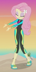 Size: 1065x2100 | Tagged: safe, screencap, fluttershy, aww... baby turtles, equestria girls, equestria girls series, g4, adorasexy, beach, beautiful, beautisexy, clothes, curvy, cute, eyes closed, eyeshadow, feet, female, flip-flops, fluttershy's wetsuit, geode of fauna, magical geodes, makeup, sandals, sexy, shyabetes, smiling, solo, swimsuit, wetsuit