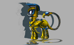 Size: 2800x1700 | Tagged: safe, artist:elmutanto, oc, oc only, oc:pale shroud, pegasus, pony, fallout equestria, fanfic:fallout equestria: broken oaths, armor, gray background, helmet, scorpion tail, simple background, solo