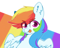 Size: 2500x2000 | Tagged: safe, artist:etoz, rainbow dash, pegasus, pony, g4, bust, cute, eye clipping through hair, eyebrows, female, high res, looking at you, mare, rainbow, rainbow background, smiling, tongue out, wings