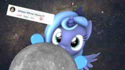 Size: 1920x1080 | Tagged: safe, artist:spinostud, princess luna, alicorn, pony, g4, 3d, cute, female, filly, looking at you, lunabetes, moon, request, source filmmaker, space, tangible heavenly object, woona, younger