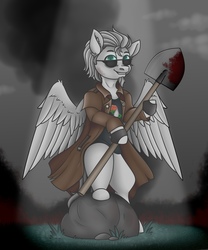 Size: 1417x1701 | Tagged: safe, oc, oc:light knight, pony, blood, clothes, facial hair, goatee, postal, postal 2, postal dude, shovel, solo, sunglasses, trenchcoat