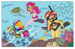 Size: 3345x2191 | Tagged: safe, artist:shoxxe, derpibooru exclusive, edit, pinkie pie, rainbow dash, sunset shimmer, fish, turtle, equestria girls, equestria girls series, g4, anemone, beach shorts swimsuit, clothes, dive mask, flippers, flippers (gear), geode of empathy, geode of sugar bombs, goggles, high res, magical geodes, pinkie pie swimsuit, snorkeling, sunset shimmer's beach shorts swimsuit, swimsuit, underwater