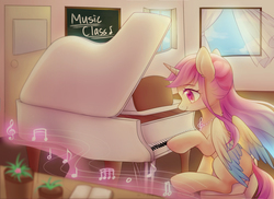Size: 2300x1675 | Tagged: safe, artist:leafywind, oc, oc only, alicorn, pony, alicorn oc, female, mare, music notes, musical instrument, piano, smiling, solo, starry eyes, wingding eyes
