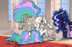 Size: 2784x1822 | Tagged: safe, artist:greyscaleart, derpibooru exclusive, princess celestia, princess luna, twilight sparkle, alicorn, pony, unicorn, g4, canterlot castle, carpet, constellation, constellation hair, descriptive noise, epic fail, ethereal mane, face down ass up, faceplant, fail, female, floppy ears, frown, galaxy mane, hoof shoes, jewelry, lidded eyes, luna is not amused, majestic as fuck, mare, messy mane, missing accessory, oof, pillar, raised leg, red carpet, regalia, size difference, sparkles, spread wings, starry mane, this will end in pain, tripping, unamused, unicorn twilight, wide eyes, window, wings