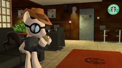 Size: 2560x1440 | Tagged: safe, artist:mr-wolfapex, oc, oc:electro-crit, oc:kurt marek (electro-crit), pony, 3d, clothes, coffee, couch, gmod, goggles, hat, jacket, male, medic, medic (tf2), ponysona, source filmmaker, starbucks, team fortress 2