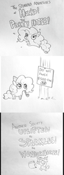 Size: 585x1592 | Tagged: safe, artist:tjpones edits, edit, pinkie pie, twilight sparkle, alicorn, pony, sparkles! the wonder horse!, g4, alternate ending, bad end, black and white, censorship, comic, crossover, fwee, grayscale, hat, honko! the party horse!, laws, madorable, monochrome, party hat, party horn, twibitch sparkle, twilight sparkle (alicorn)