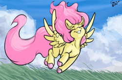 Size: 2784x1822 | Tagged: safe, artist:greyscaleart, derpibooru exclusive, fluttershy, pegasus, pony, g4, cloud, cloudy, eyes closed, female, field, flying, grass, grin, mare, sky, smiling, solo, unshorn fetlocks, windswept mane, wings