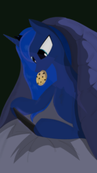Size: 1740x3085 | Tagged: artist needed, safe, princess luna, alicorn, pony, g4, bed, blanket, cookie, eating, female, food, solo, tablet