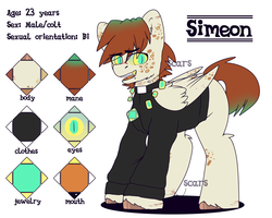 Size: 2500x2000 | Tagged: safe, artist:etoz, oc, oc only, oc:simeon, pegasus, pony, clothes, eyebrow piercing, eyebrows, fangs, high res, jewelry, male, open mouth, piercing, reference sheet, religion, scar, solo, stallion, tongue piercing