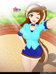 Size: 752x1000 | Tagged: safe, artist:clouddg, oc, oc only, oc:madison quick, equestria girls, g4, clothes, equestria girls-ified, female, happy, one eye closed, open mouth, signature, solo, wink