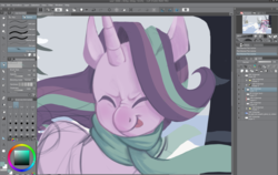 Size: 1280x811 | Tagged: safe, artist:jellynut, starlight glimmer, pony, unicorn, g4, clothes, female, scarf, snow, solo, tongue out, wip