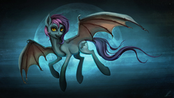 Size: 5760x3240 | Tagged: safe, artist:vitaj, oc, oc only, oc:manny, bat pony, pony, amber eyes, bat pony oc, bat wings, digital art, fangs, female, flying, freckles, looking at you, mare, moon, multicolored mane, night, night guard, painting, realistic wings, solo, stars, wings