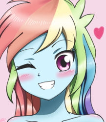 Size: 650x750 | Tagged: safe, artist:tastyrainbow, rainbow dash, equestria girls, bare shoulder portrait, bare shoulders, big eyes, blushing, bust, cute, dashabetes, female, floating heart, grin, heart, implied nudity, looking at you, one eye closed, pink background, portrait, simple background, smiling, solo, wink