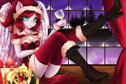 Size: 900x605 | Tagged: safe, artist:pink-pinktooth, oc, oc only, oc:prism shift, pegasus, anthro, plantigrade anthro, anthro oc, boots, christmas, clothes, costume, female, glass, hat, holiday, looking at you, mare, present, santa costume, santa hat, shoes, snow, socks, solo, thigh highs, window, wreath, ych result