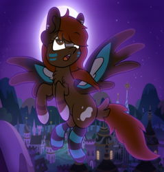 Size: 2212x2312 | Tagged: safe, artist:thatonefluffs, oc, oc only, oc:maple festival, pony, clothes, flying, glowing eyes, high res, moon, night, socks, solo, striped socks