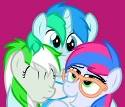 Size: 4701x4000 | Tagged: safe, artist:sollace, oc, oc:azure lightning, oc:cyan lightning, oc:emerald lightning, pony, :t, blushing, brother and sister, colt, female, filly, foal, glasses, group hug, hug, male, siblings, simple background, smiling, trio, twins, vector