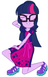 Size: 2840x4560 | Tagged: safe, artist:kuco, sci-twi, twilight sparkle, equestria girls, g4, i'm on a yacht, my little pony equestria girls: better together, clothes, dress, eyes closed, female, glasses, high res, legs, ponytail, shoes, simple background, skirt, smiling, solo, transparent background, vector