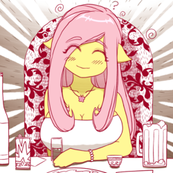 Size: 2000x2000 | Tagged: safe, artist:sigpi, fluttershy, anthro, g4, big breasts, blushing, bottle, bracelet, breasts, busty fluttershy, cleavage, clothes, cup, cute, drink, eyes closed, female, floppy ears, high res, huge breasts, jewelry, mug, necklace, shirt, shyabetes, smiling, solo
