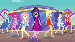 Size: 1920x1080 | Tagged: safe, screencap, applejack, fluttershy, pinkie pie, rainbow dash, rarity, sci-twi, sunset shimmer, twilight sparkle, equestria girls, g4, i'm on a yacht, my little pony equestria girls: better together, baseball cap, cap, clothes, crossed legs, cruise ship, dancing, feet, female, geode of fauna, geode of sugar bombs, glasses, hat, humane five, humane seven, humane six, legs, lidded eyes, looking at you, magical geodes, open mouth, pants, sandals, shoes, sleeveless, yacht