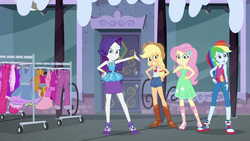 Size: 1920x1080 | Tagged: safe, screencap, applejack, fluttershy, rainbow dash, rarity, equestria girls, g4, my little pony equestria girls: better together, street chic, bare shoulders, clothes, converse, dress, female, geode of fauna, geode of shielding, geode of super speed, geode of super strength, magical geodes, shoes, sleeveless, sneakers, snow, strapless, tank top, this will not end well