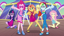 Size: 1920x1080 | Tagged: safe, screencap, applejack, fluttershy, pinkie pie, rainbow dash, rarity, sci-twi, sunset shimmer, twilight sparkle, equestria girls, equestria girls series, g4, i'm on a yacht, spoiler:eqg series (season 2), alternate hairstyle, baseball cap, cap, clothes, crossed arms, cruise outfit, dress, eyes closed, feet, female, geode of empathy, geode of fauna, geode of shielding, geode of sugar bombs, geode of super speed, geode of super strength, geode of telekinesis, glasses, hat, humane five, humane seven, humane six, legs, lidded eyes, looking at you, magical geodes, ponytail, pose, sandals, shoes, shorts, skirt, sleeveless, sunglasses, swag, tank top, yacht