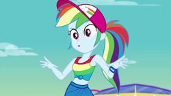 Size: 1920x1080 | Tagged: safe, screencap, rainbow dash, equestria girls, equestria girls specials, g4, my little pony equestria girls: better together, my little pony equestria girls: spring breakdown, baseball cap, cap, clothes, cruise outfit, cute, dashabetes, female, front knot midriff, hat, midriff, pants, ponytail, sleeveless, solo, tank top, wristband