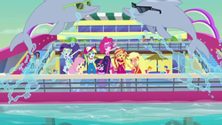 Size: 1920x1080 | Tagged: safe, screencap, applejack, desert sage, doodle bug, flash sentry, fluttershy, garden grove, ink jet, mile hill, orange sunrise, pinkie pie, rainbow dash, rarity, sci-twi, sunset shimmer, twilight sparkle, valhallen, dolphin, equestria girls, g4, i'm on a yacht, my little pony equestria girls: better together, animal, background human, clothes, cruise, cruise ship, geode of empathy, geode of shielding, geode of super strength, geode of telekinesis, happy, humane five, humane seven, humane six, lidded eyes, looking at you, luxe deluxe, magical geodes, one eye closed, partial nudity, reflection, sleeveless, sunburn, sunglasses, swimming pool, topless, wink, yacht
