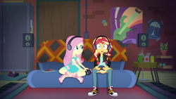 Size: 1920x1080 | Tagged: safe, screencap, fluttershy, sunset shimmer, equestria girls, g4, game stream, my little pony equestria girls: better together, clothes, controller, converse, couch, dress, feet, female, gamer sunset, gamershy, headphones, headset, let's play, sandals, shoes, sneakers, sunset's apartment