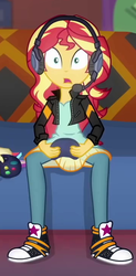 Size: 358x730 | Tagged: safe, screencap, sunset shimmer, equestria girls, equestria girls series, g4, game stream, clothes, controller, converse, cropped, gamer sunset, headphones, shoes, sneakers