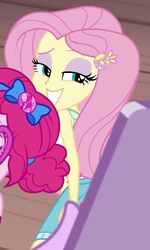 Size: 492x819 | Tagged: safe, screencap, fluttershy, pinkie pie, sci-twi, twilight sparkle, equestria girls, g4, i'm on a yacht, my little pony equestria girls: better together, alternate hairstyle, clothes, cropped, cute, eyeshadow, female, geode of fauna, geode of sugar bombs, lidded eyes, magical geodes, makeup, seductive look, selfie, she knows, shorts, shyabetes, solo focus, they know