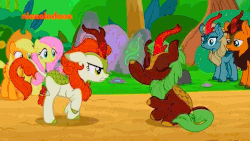 Size: 640x360 | Tagged: safe, screencap, applejack, autumn blaze, cinder glow, fluttershy, pumpkin smoke, sparkling brook, summer flare, earth pony, kirin, pegasus, pony, g4, sounds of silence, angry, animated, autumn blaze is not amused, bamboo, charades, female, flailing, gif, noodle arms, unamused