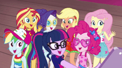 Size: 800x450 | Tagged: safe, screencap, applejack, fluttershy, pinkie pie, rainbow dash, rarity, sci-twi, sunset shimmer, twilight sparkle, equestria girls, equestria girls series, g4, i'm on a yacht, spoiler:eqg series (season 2), alternate hairstyle, animated, cellphone, female, geode of fauna, geode of sugar bombs, geode of super speed, geode of super strength, gif, humane five, humane seven, humane six, magical geodes, peace sign, phone, pose, selfie, shipping fuel, smartphone, sunglasses